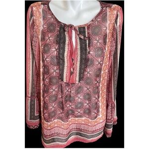 Knox Rose Boho Blouse Tunic Women's Size XL Tiered Bell Sleeve Orange Brown Geo